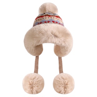 冬季加绒加厚蒙古帽女加厚保暖防寒显脸小护耳毛线东北针织帽东北