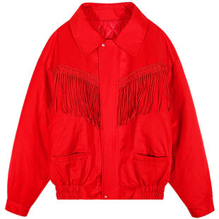 今屿花花 棉服女款2025新款冬设计感流苏夹棉外套小个子红色棉衣