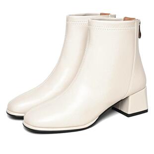 真皮短靴女新款白色粗跟马丁靴女软皮时尚春秋单靴高跟方头瘦瘦靴