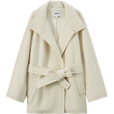 【绵羊毛】JASON WU新款圈圈肌理系带立领毛呢大衣外套女