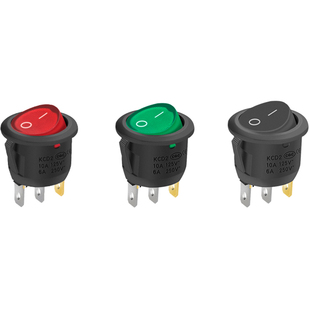 圆形开关按钮3脚2档红黑色船型开关KCD1-105小型电源开关20mm5只