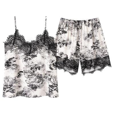 蕾丝边纯棉吊带短裤水墨画家居服