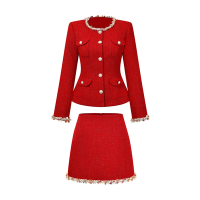 MAI DIRE MAI亮片珍珠收腰翘摆长袖羊毛新年外套高腰半裙套装女冬