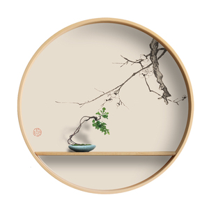 实木圆形禅意装饰画新中式客厅入户玄关挂画餐厅茶室日式水墨壁画