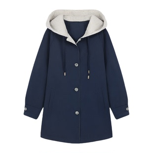 鸭鸭中长款羽绒服女2025新款时尚撞色休闲百搭显瘦连帽风衣外套潮