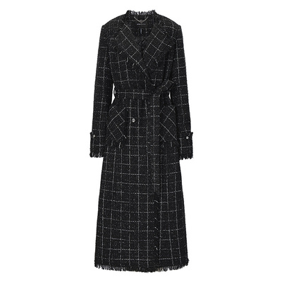 BCBG25冬新款气质百搭亮丝格纹粗花呢系带收腰小香风外套大衣女