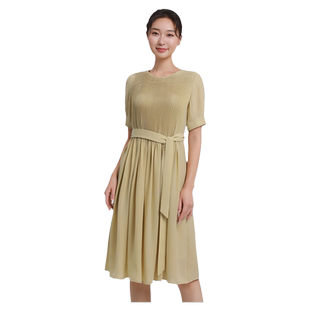 [专柜同款]Yifini/易菲法式压褶圆领气质系带收腰连衣裙女夏季