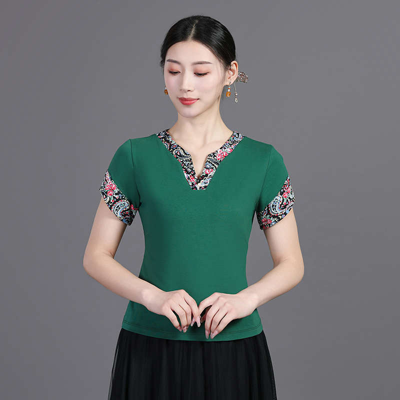 2024新款广场舞服装女春夏棉v花领练功服中老年古典舞跳舞上衣潮
