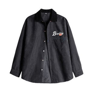 马登黑色复古桃皮绒古巴领衬衫印花外套长袖上衬衣内搭叠穿女士春