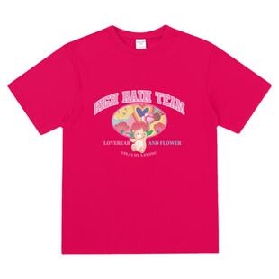 HIGH RAIN夏季显白短袖卡通小熊印花t恤男女百搭玫红纯棉半袖上衣