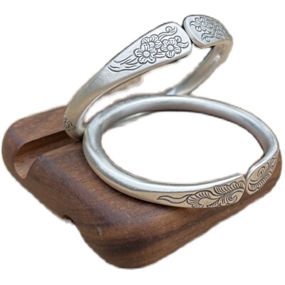 民雕小匠 如意镯人面桃花足银999手工银手镯个性圆条银镯子定制