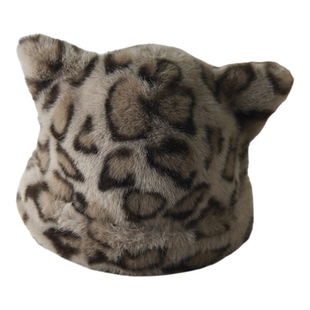 帽子女冬季豹纹毛绒渔夫帽欧美辣妹风潮保暖护耳可爱盆帽小猫耳朵
