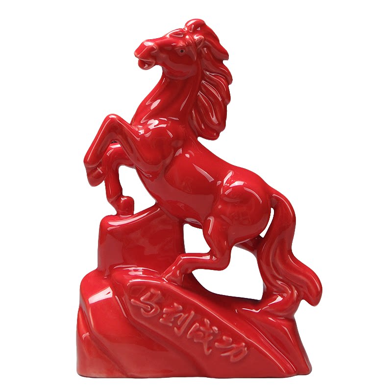 红色陶瓷立马马到成功吉祥摆件