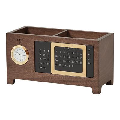 初心胡桃木钟表款万年历笔筒