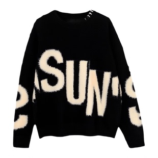 潮牌设计感字母毛衣套装男秋冬季宽松休闲套装男装一套搭配牛仔裤