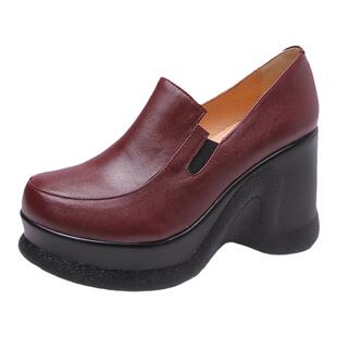 厚底真皮松糕鞋英伦2026春新款深口女单鞋坡跟复古高跟女鞋皮鞋