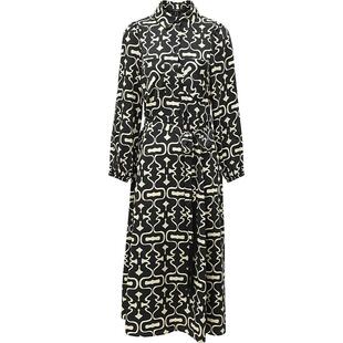 COCOBELLA欧普风几何印花衬衫裙女25春夏流苏腰带缎面连衣裙FR189