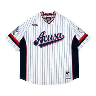 Acusa复古棒球套头V领卫衣短袖球衣织纹双层刺绣宽大廓形棒球服男