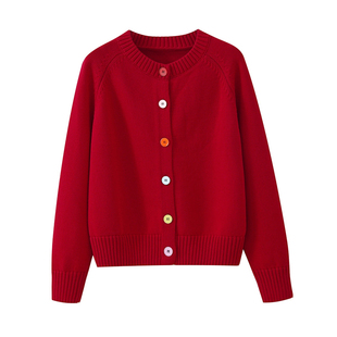 100%纯棉彩色纽扣圆领毛衣开衫线衣厚宽松百搭针织衫外套女士外穿