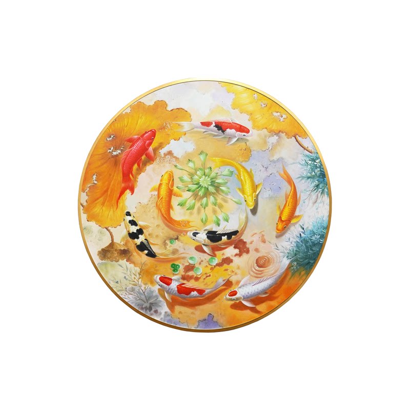 时来运转九鱼图手绘油画圆形招财客厅餐厅玄关装饰画荷花锦鲤挂画