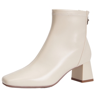 百田森黑色靴子短靴高跟鞋秋冬洋气小短靴保暖羽绒靴粗跟真皮靴