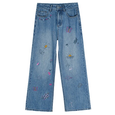 落落狷介刺绣牛仔阔腿裤女