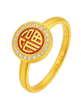 赛菲尔闪闪福足金古法戒指珐琅福字手饰黄金女款送女友送妈妈礼物