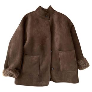 高级感皮毛一体中长款立领外套女2025冬季款加绒保暖宽松显瘦大衣