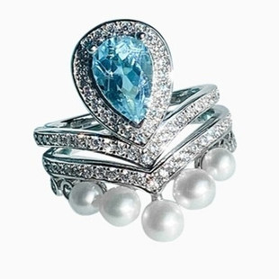 为爱加冕戒指环925纯银天然托帕石海蓝宝轻奢约瑟芬款珍珠皇冠女