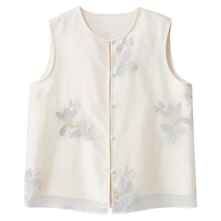 SILVIYE/溯也重工刺绣真丝圆领国风马甲100%桑蚕丝欧根纱上衣女夏