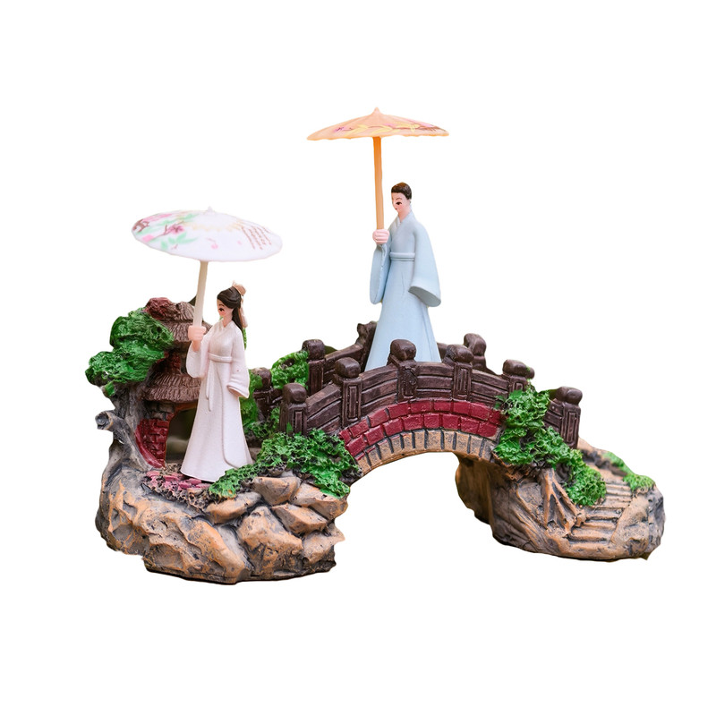 中式古风撑伞情侣人物拱桥小桥盆景微景观山水假山水陆缸造景装饰