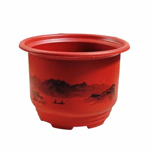仿陶瓷圆形花盆山水盛景盆加厚树脂磨砂逼真款复古典雅砖红色