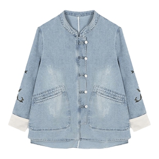 Basic House/百家好国风盘扣牛仔外套春季小众新中式刺绣立领上衣