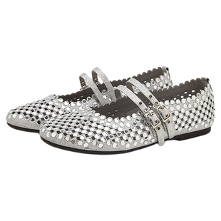 MILLIE'S/妙丽新款一字带圆头平底单鞋双带玛丽珍闪钻仙女芭蕾鞋