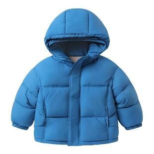 右欧男童女童棉服外套连帽加绒保暖冬季新款童装儿童纯色洋气棉衣