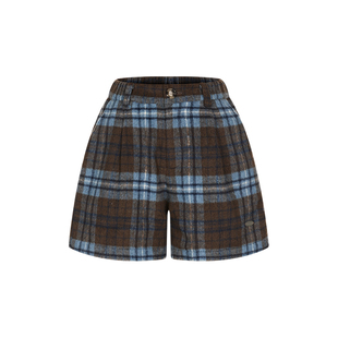 BETWEENAND 春季2026新款半松紧腰格子短裤含羊毛复古显瘦裤子