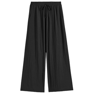 HM女装休闲裤夏季泡泡纱高腰舒适宽松直筒阔腿裤1000004