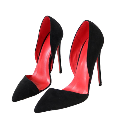 中空高跟鞋法式性感绒面黑色12CM