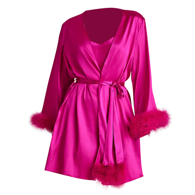 火鸡羽毛边饰真丝婚礼晨袍春夏粉