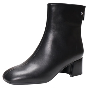 特价COMELY康莉2025粗跟方头短靴羊皮后拉链瘦瘦靴女裸靴KYQ48633