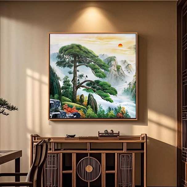 迎客松挂画绿水青山玄关装饰画办公室山水风景画中式客厅松树壁画