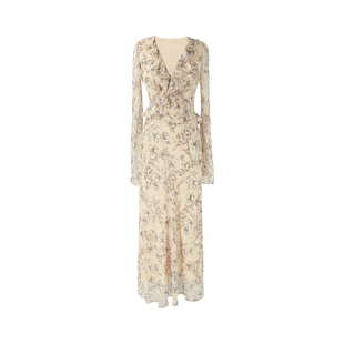 SYT自制 法式复古风木耳边V领雪纺印花修身显瘦长袖收腰A字连衣裙