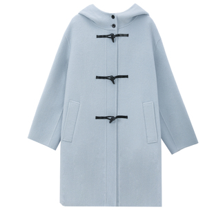图曼朵蓝色牛角扣学院风大衣女款2025新款双面毛呢中长款连帽外套