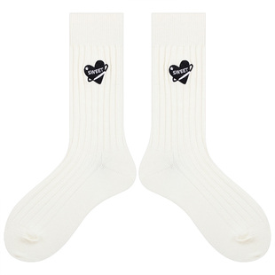 会起球的袜子 秋冬季爱心刺绣女士中筒袜 竖条粗针ins潮袜