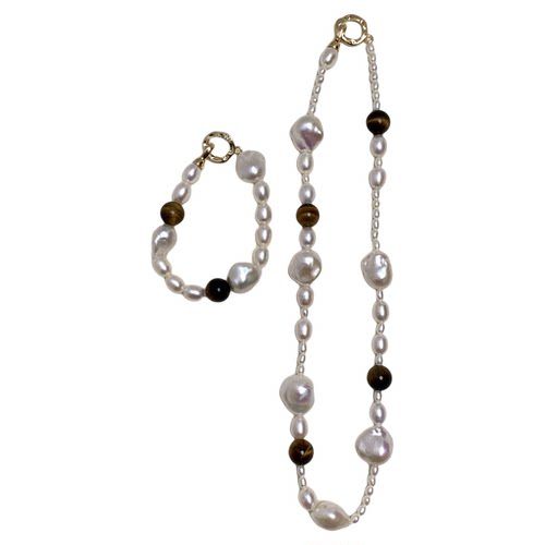 《滴水灵韵》小众设计款不规则淡水巴洛克珍珠虎眼石项链手链套装