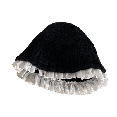 蕾丝花边黑色针织渔夫帽显脸小