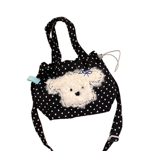 黑色波点小狗帆布包韩系慵懒风通勤包包女款大容量手提单肩斜挎包