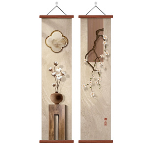 新中式花香四溢入户玄关装饰画侘寂风走廊尽头挂画客厅竖版墙壁画