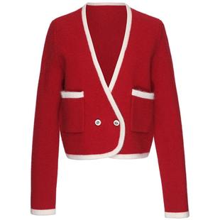 OBEG欧碧倩秋冬红色小香风羊毛外套设计感慵懒风毛织开衫10444141