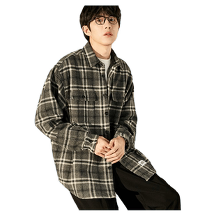 唐狮毛呢外套男冬季新款美拉德格子外套短款翻领加厚男呢夹克外套